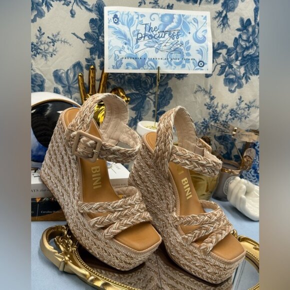 🆕 GIANNI BINI 🧿 NWOB Santi Woven Beaded Wedge Sandal - Neutral Woven Sz US 7.5 - Picture 3 of 14